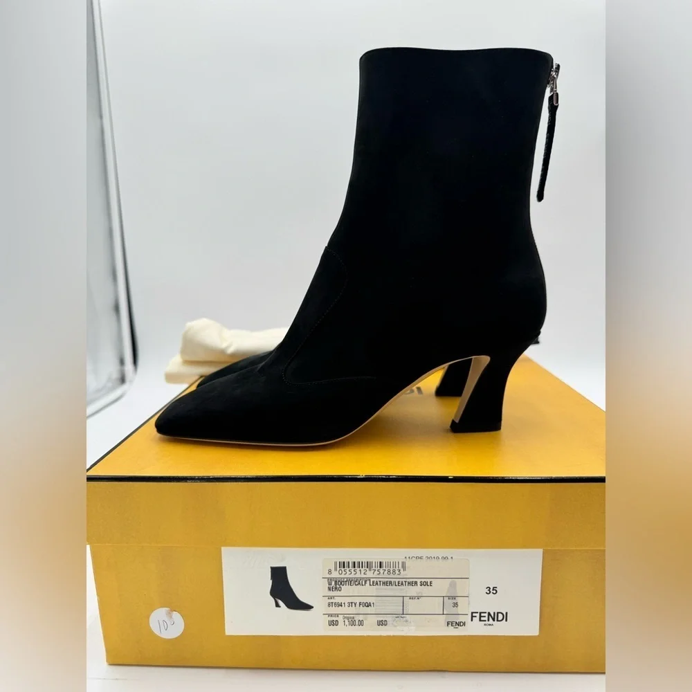 Fendi Black Suede Ankle Boots Logo Zip Heel Booties NWT Box IT 35 - Picture 13 of 17